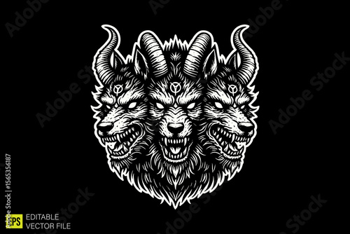 satanic goat  illustration dark art scary creepy style tattoo vector black and white background templates