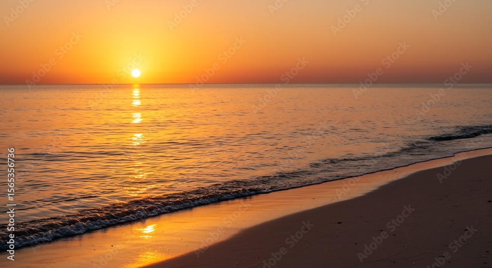 Fototapeta premium Golden Sunset Over Calm Ocean, Beach Silhouette, Warm Colors, Serene Landscape.