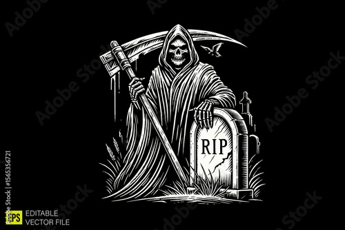 grim reaper  illustration dark art scary creepy style tattoo vector black and white background templates