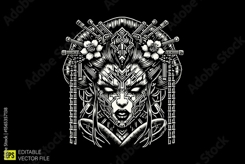 geisha mythology  illustration dark art scary creepy style tattoo vector black and white background templates