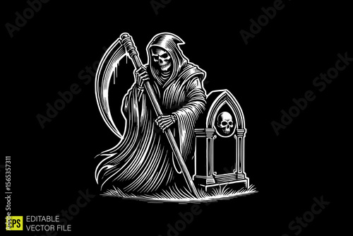 grim reaper  illustration dark art scary creepy style tattoo vector black and white background templates