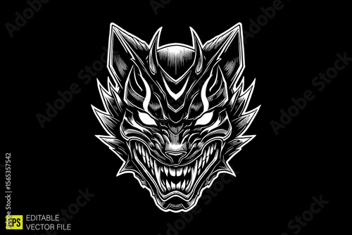 oni mask head illustration dark art scary creepy style tattoo vector black and white background templates