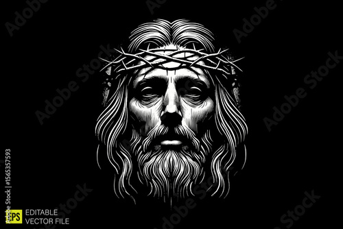 jesus christ head  illustration dark art scary creepy style tattoo vector black and white background templates