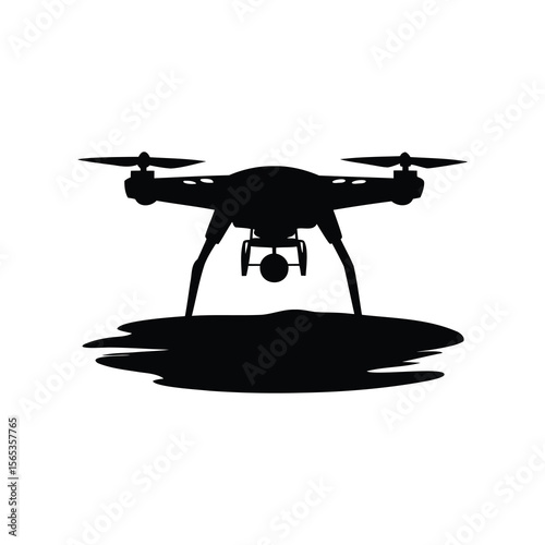 Black silhouette of a drone with camera against a white background