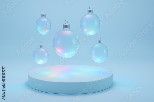 Transparent Christmas Ornaments Floating Above a Round Display Base