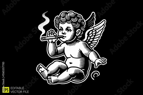 cupid holding cigar  illustration dark art scary creepy style tattoo vector black and white background templates