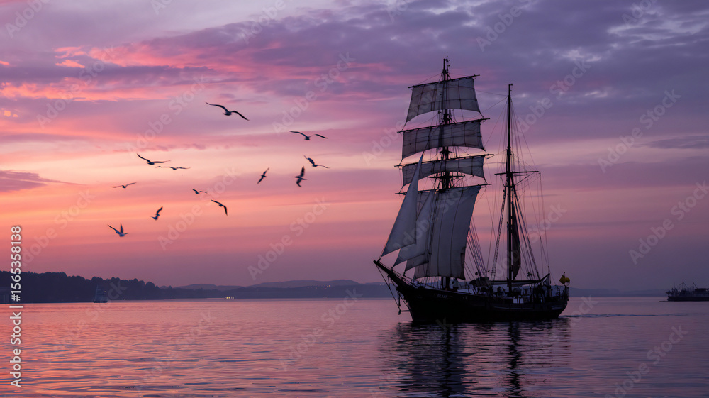 Fototapeta premium Tall ship sails along the water at dusk under a vibrant pink and purple sunset sky with soaring birds.