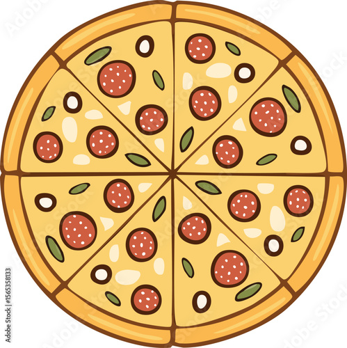 A cartoon illustration of a delicious pizza cut into eight slices, ready to eat.
