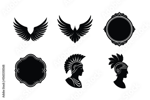Classic inspired Roman style headpieces with fine calligraphic details Silhouette Vector illustration