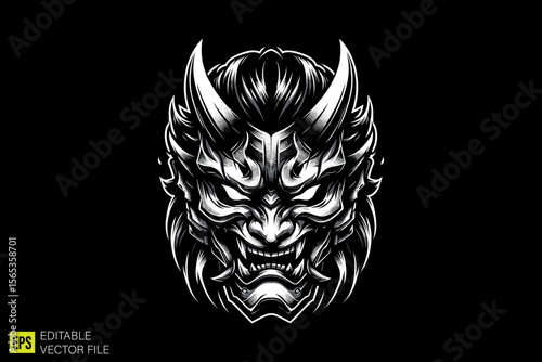 oni mask head illustration dark art scary creepy style tattoo vector black and white background templates