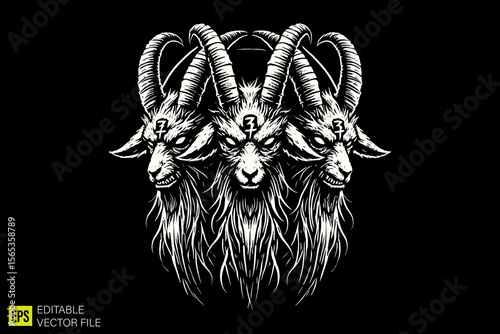 satanic goat  illustration dark art scary creepy style tattoo vector black and white background templates