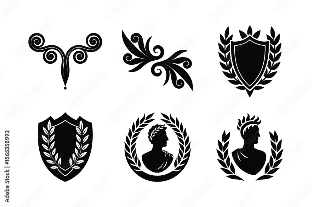 Obraz premium Elegant Roman style headpieces set with calligraphic flourished dividers Silhouette Vector illustration