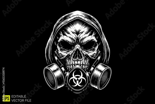 skull with gas mask illustration dark art scary creepy style tattoo vector black and white background templates