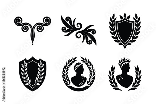 Elegant Roman style headpieces set with calligraphic flourished dividers Silhouette Vector illustration