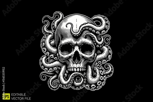 squid skull  illustration dark art scary creepy style tattoo vector black and white background templates