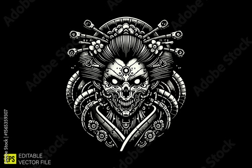 geisha mythology  illustration dark art scary creepy style tattoo vector black and white background templates