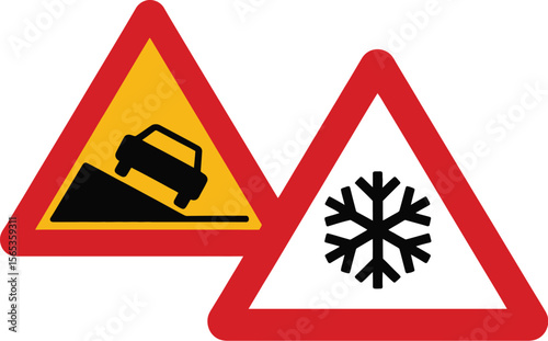 Two triangular warning signs with car on slope and snowflake symbol indicating slippery conditions ahead