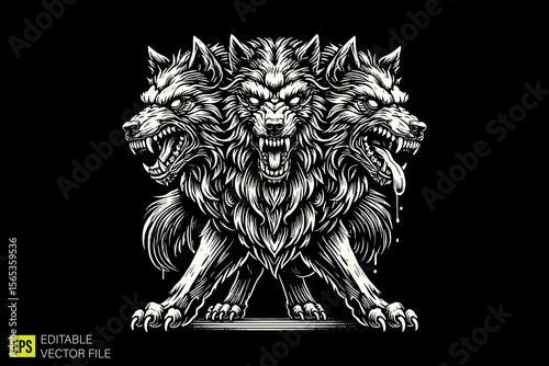 wolf with three head  illustration dark art scary creepy style tattoo vector black and white background templates