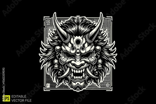 oni mask head illustration dark art scary creepy style tattoo vector black and white background templates