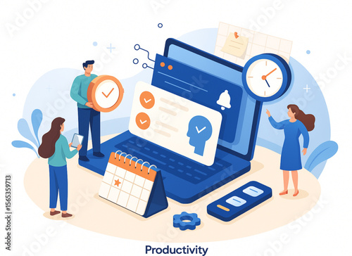 Visualizing a team enhancing productivity with time management, calendar and tasks on a laptop, symbolizing efficiency and effective collaboration.