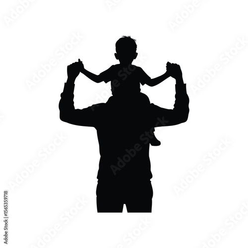 Silhouette of father carrying his son on shoulders in happy family moment