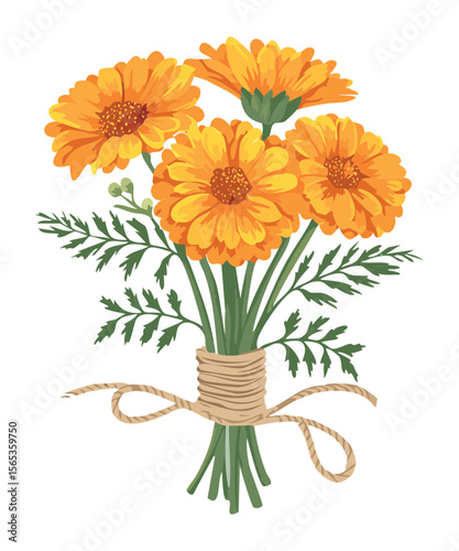 Vibrant Orange Marigold Bouquet Tied with Twine