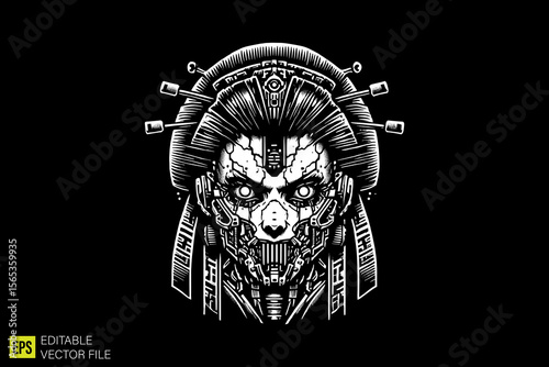 geisha mythology  illustration dark art scary creepy style tattoo vector black and white background templates