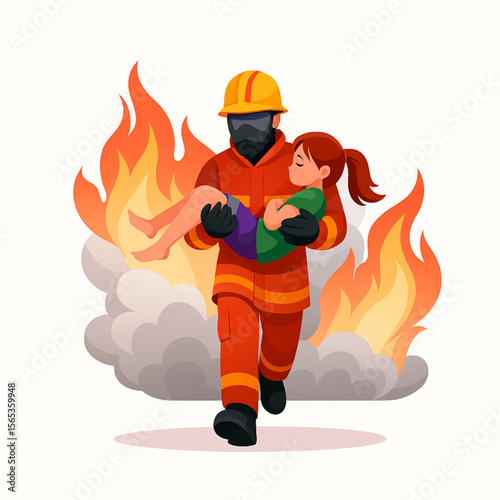 A brave firefighter rescues a child from a burning building, showcasing heroism and safety in a fire emergency with flames and smoke in the background.