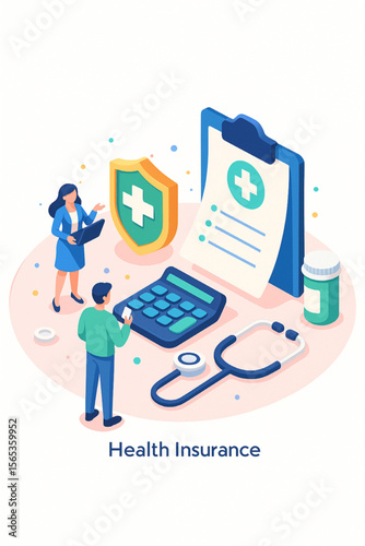 Illustration depicting health insurance with a shield, stethoscope, medication, calculator, and figures assessing a policy, representing coverage and medical benefits.