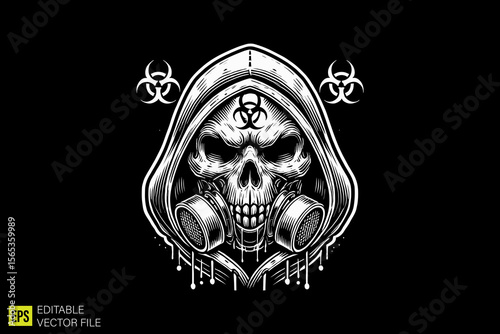 skull with gas mask illustration dark art scary creepy style tattoo vector black and white background templates