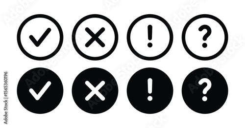 Check mark, cross mark, exclamation mark and question mark icons in line and silhouette style on white background. Flat icons for web and mobile apps