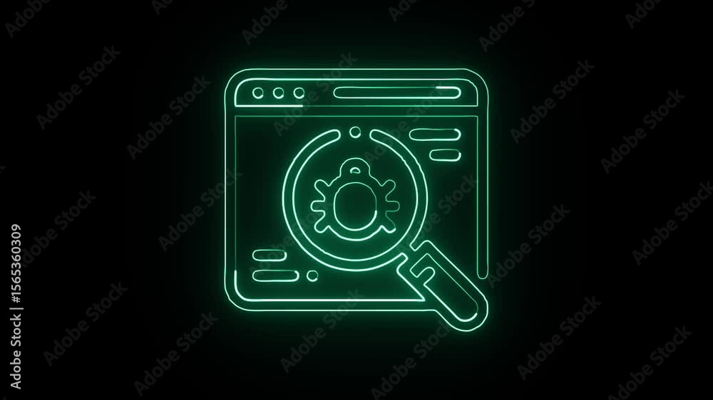 glowing neon bug icon isolated, black background, hd motion graphic animation