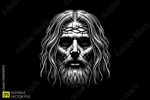 jesus christ head  illustration dark art scary creepy style tattoo vector black and white background templates