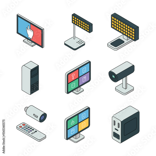 Digital Signage Icon Set. Isometric Flat icon set of digital signage solutions video wall, touchscreen kiosk, LED marquee vecor 