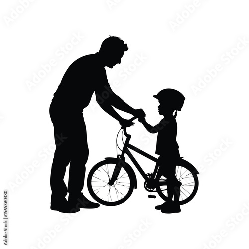 Father teaching child how to ride a bike in silhouette style