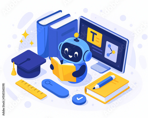 Cartoon illustration of a reading robot alongside books and a computer symbolizing education, learning, and advanced technology.