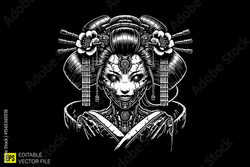 geisha mythology  illustration dark art scary creepy style tattoo vector black and white background templates
