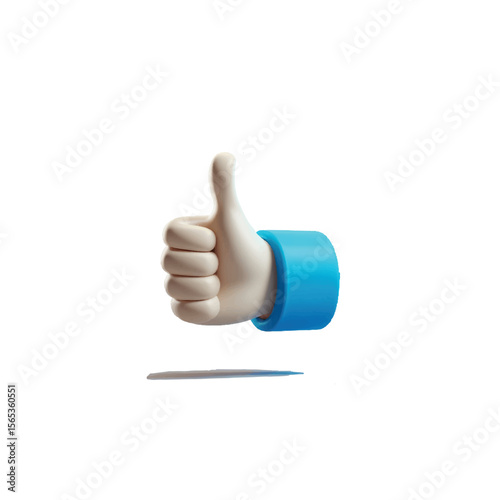 3d cartoon hand giving a thumbs up gesture with a blue sleeve against a white background