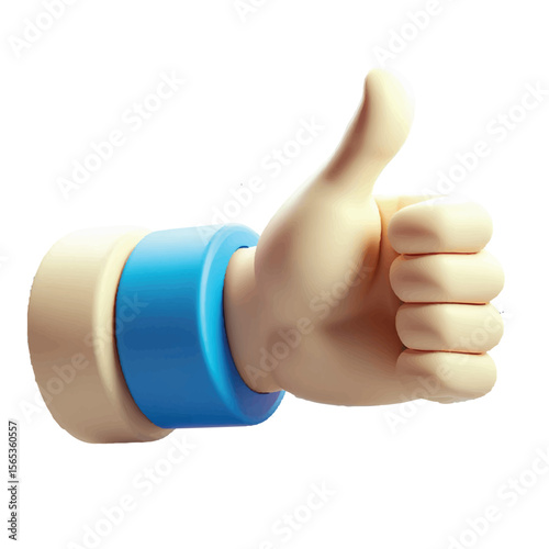 Stylized 3d hand giving a thumbs up gesture emerging from a blue circular frame on a white background