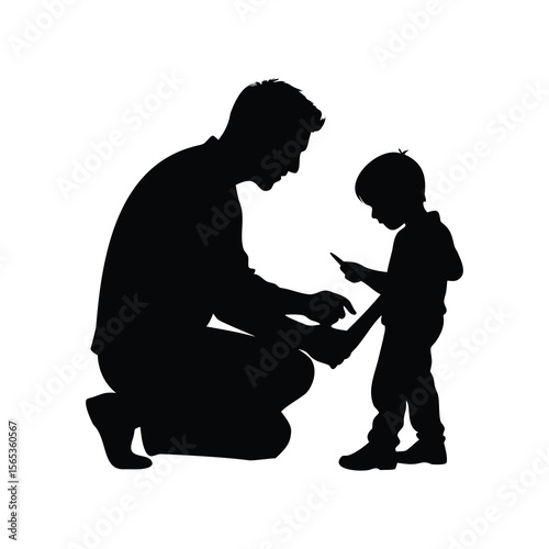 Father and son enjoying smartphone together, a silhouette of precious moments