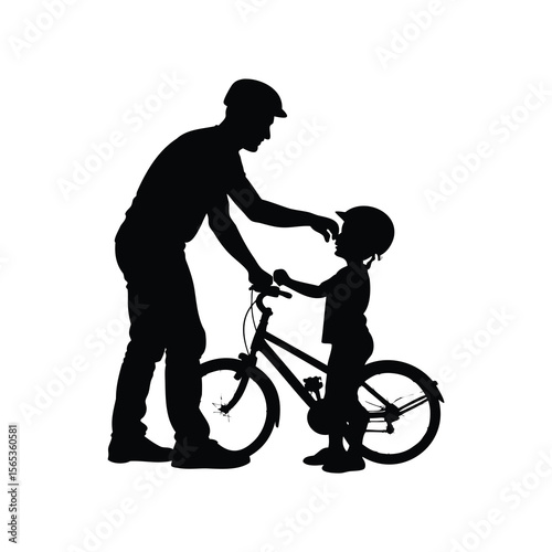 Father helping his son with his helmet, preparing for a bike ride