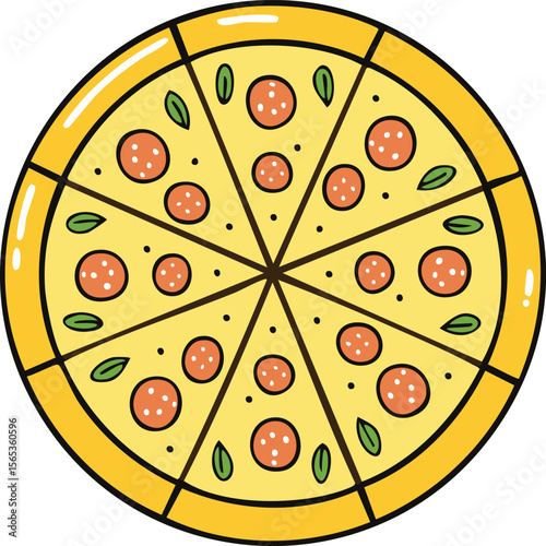 A cartoon illustration of a pepperoni pizza, sliced and ready to eat.
