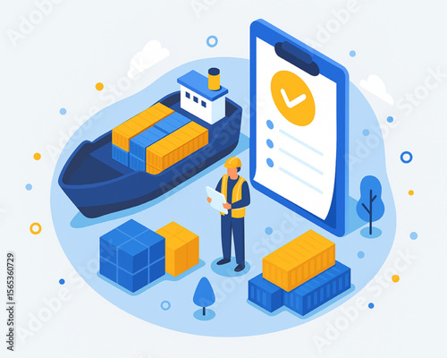Isometric vector illustrates global logistics and shipping operations using a cargo ship, shipping containers, checklist, and industrial worker.