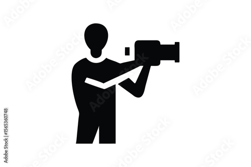 A person in a hat holding a camera, detailed black and white illustration, minimalist style, high contrast, dynamic composition
