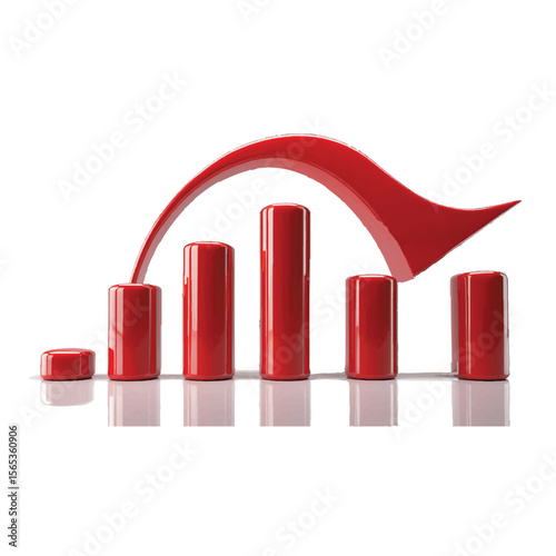 Shiny red bar chart graph with downward trend arrow showing decline and loss on white background