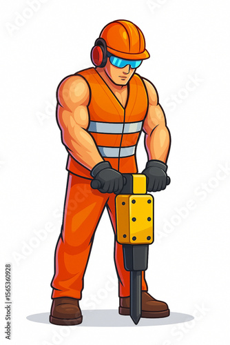 Cartoon construction worker operates a jackhammer, wearing safety gear in a bright orange suit, helmet, and ear protection for site safety