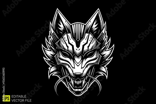 oni mask head illustration dark art scary creepy style tattoo vector black and white background templates