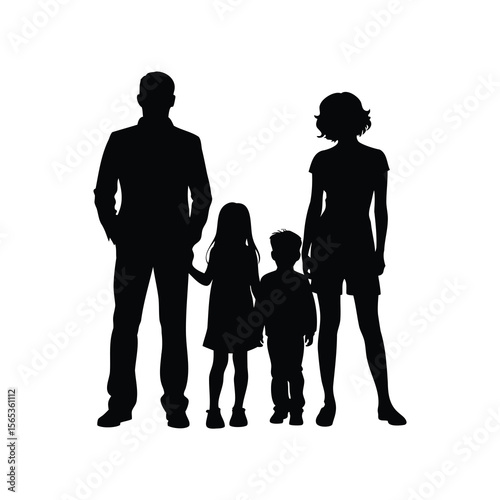 Silhouette portrait of a family with two children standing together happily
