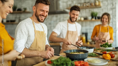Friends laughing during a cooking class, fun learning, culinary experience