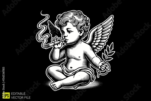 cupid holding cigar  illustration dark art scary creepy style tattoo vector black and white background templates
